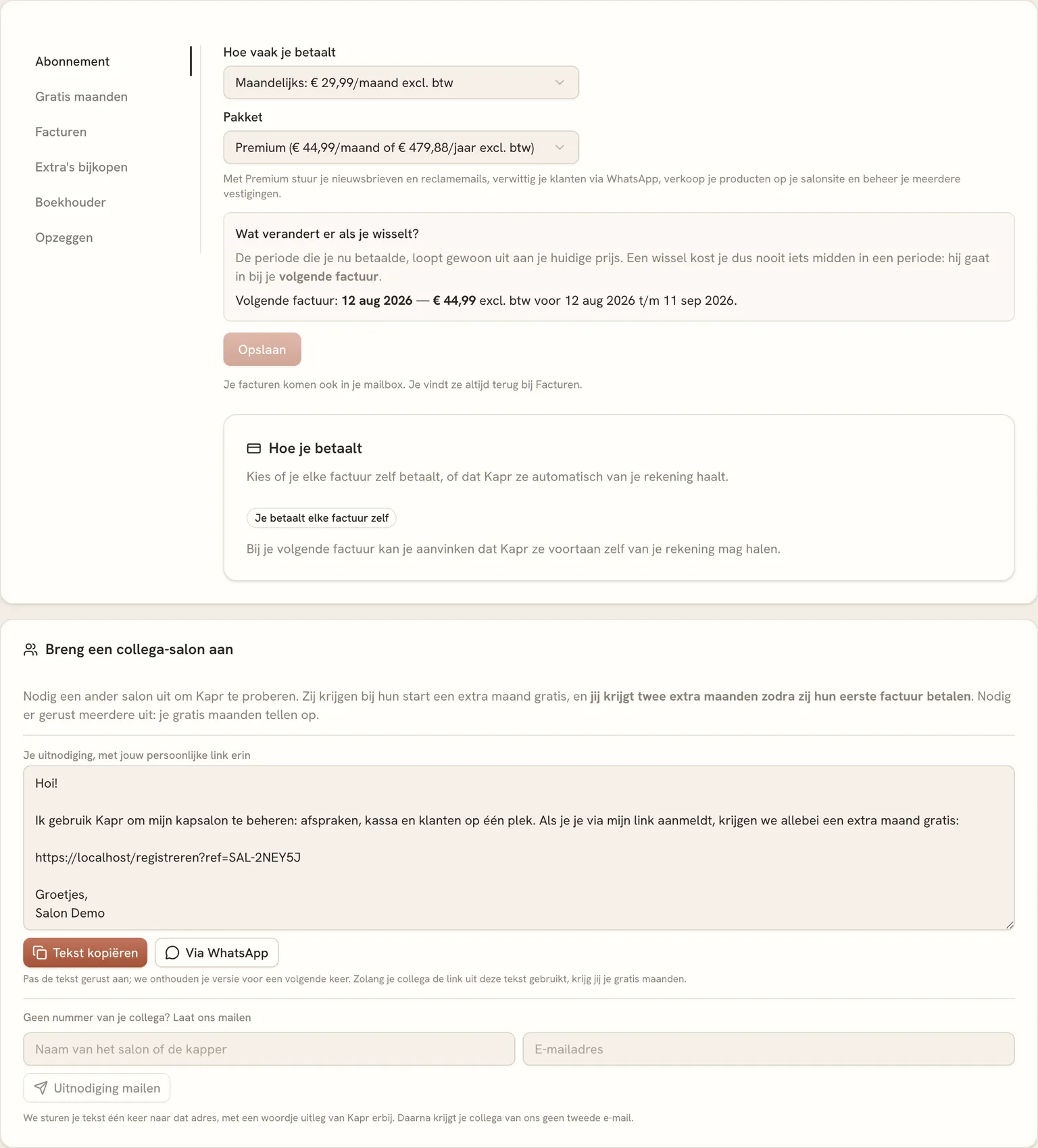 Het tabblad Abonnement, met je betaalfrequentie, je abonnement (Standaard of Premium) en hoe je betaalt.